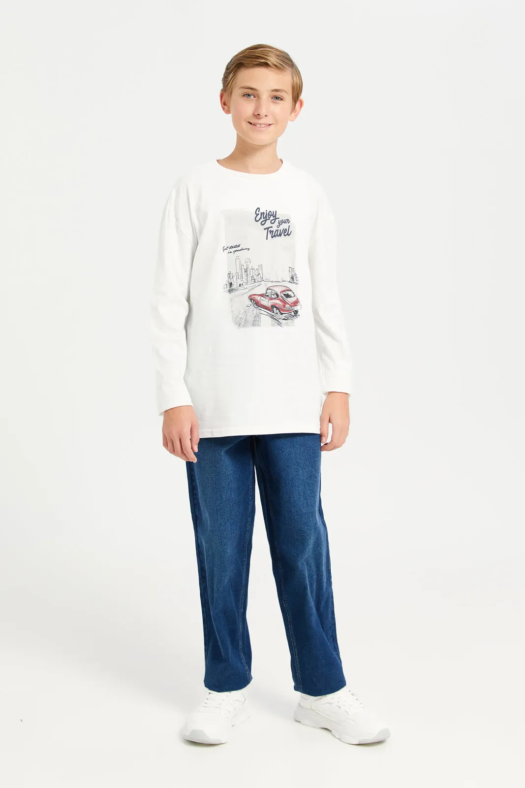 Senior Boys White Car Print Long Sleeved T-Shirt sold by Redtag product image thumbnail 2