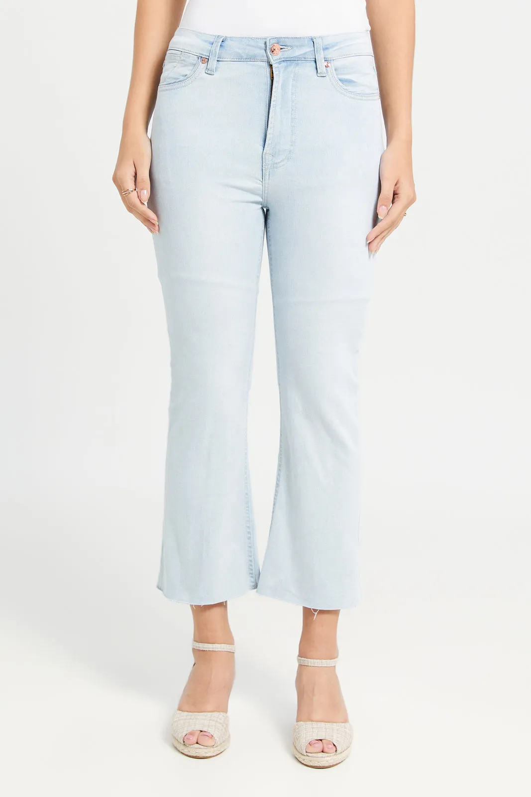 Women Blue Cropped Flared Jeans sold by Redtag