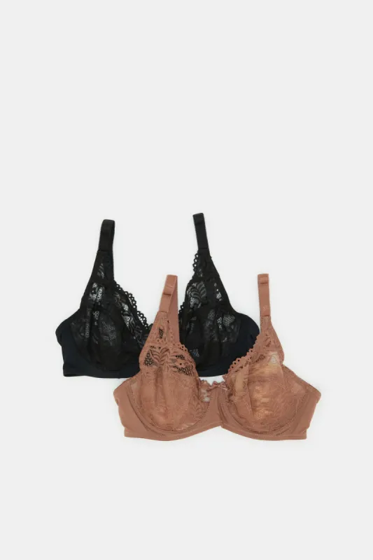 Women Brown And Black Floral Lace Non Padded Bra Set (Pack of 2) sold by Redtag