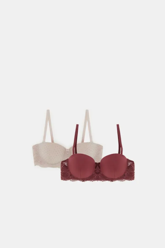 Women Pink And Burgundy Lace Balconette Bra Set (Pack of 2) sold by Redtag