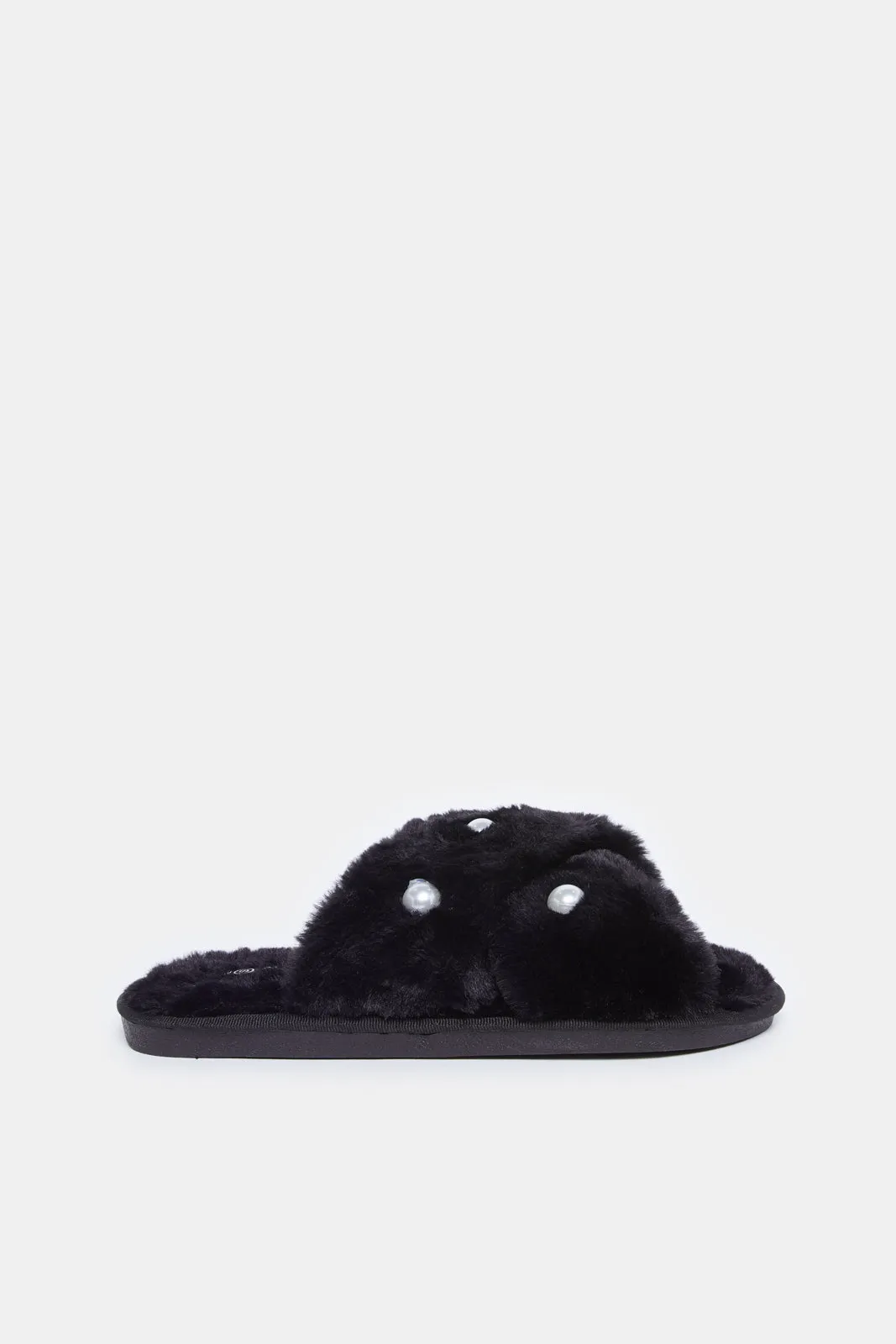 Women Black Pearl Embellished Trim Slipper sold by Redtag