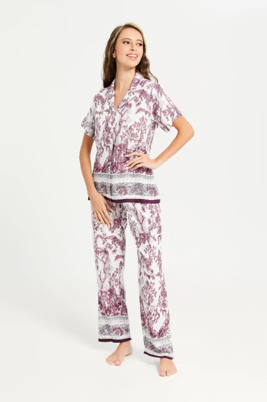 Women Ivory And Burgundy Printed Pyjama Set (2 Piece) sold by Redtag
