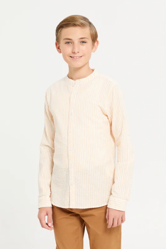 Senior Boys Coral Stripe Mandarin Collar Seersucker Shirt sold by Redtag