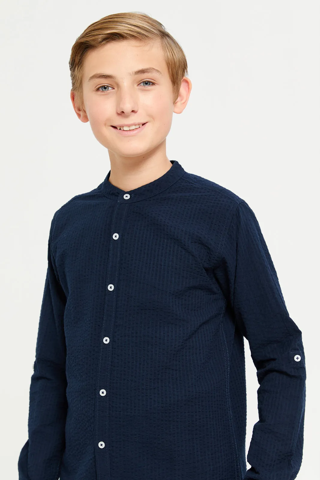 Senior Boys Navy Plain Mandarin Collar Seersucker Shirt sold by Redtag product image thumbnail 4