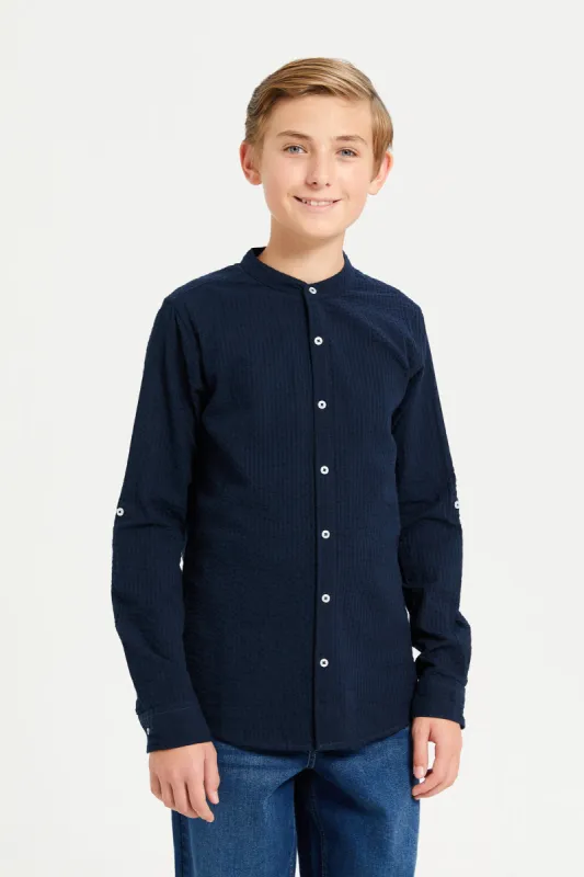 Senior Boys Navy Plain Mandarin Collar Seersucker Shirt sold by Redtag