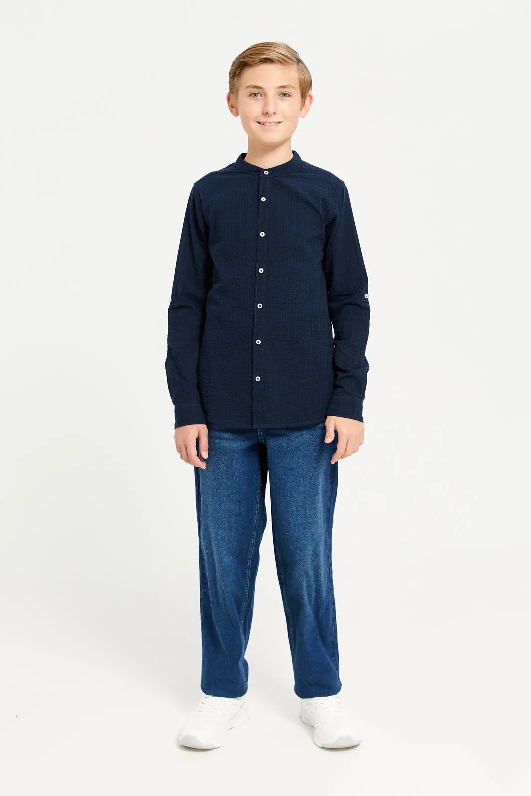 Senior Boys Navy Plain Mandarin Collar Seersucker Shirt sold by Redtag product image thumbnail 2