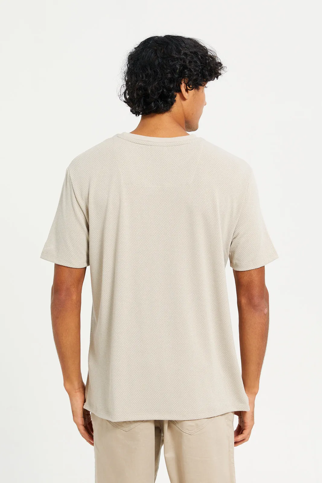 Men Beige Plain Jacquard T-Shirt sold by Redtag product image thumbnail 3