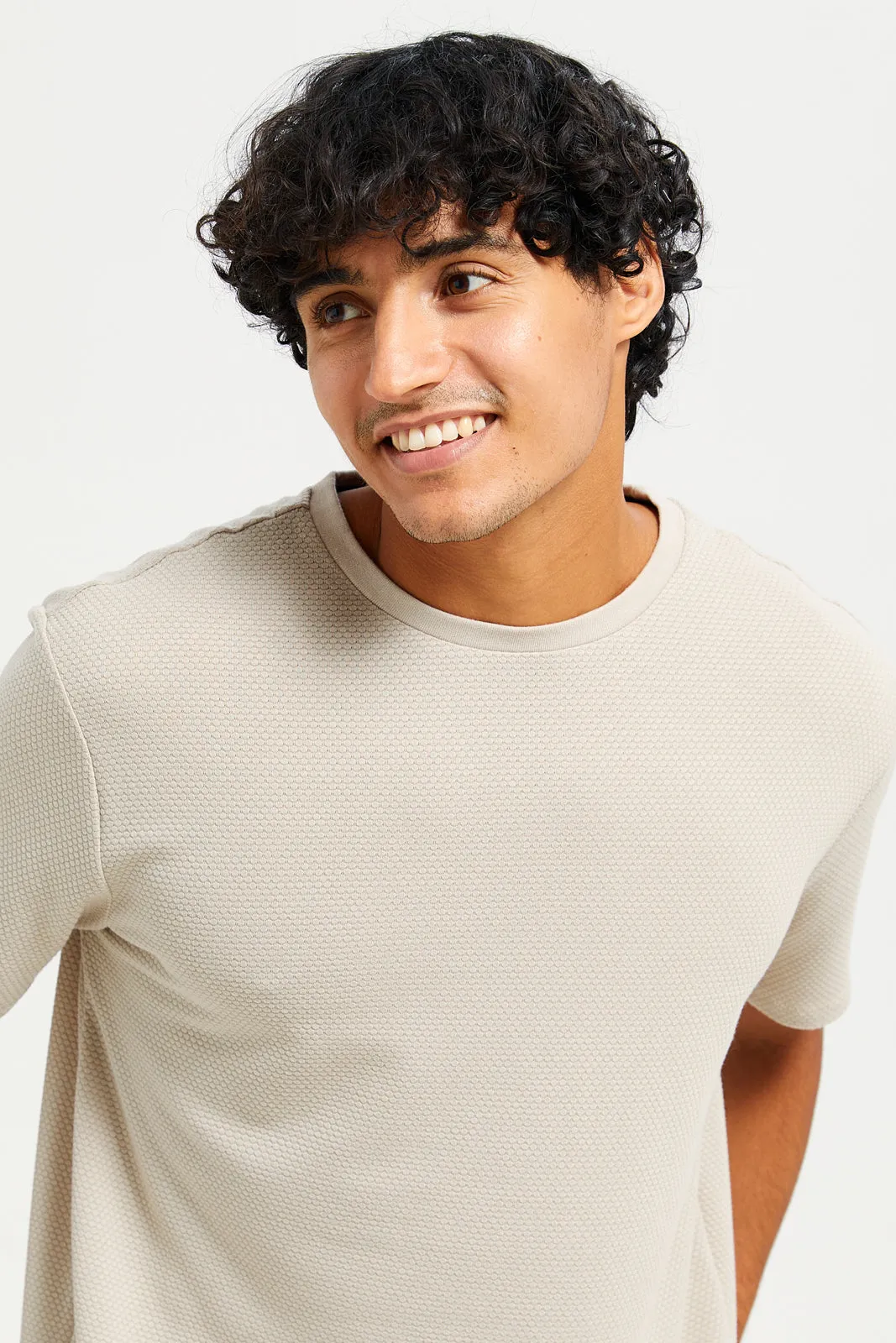 Men Beige Plain Jacquard T-Shirt sold by Redtag product image thumbnail 4