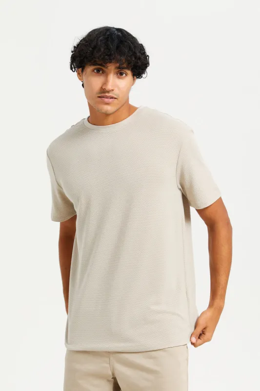 Men Beige Plain Jacquard T-Shirt sold by Redtag