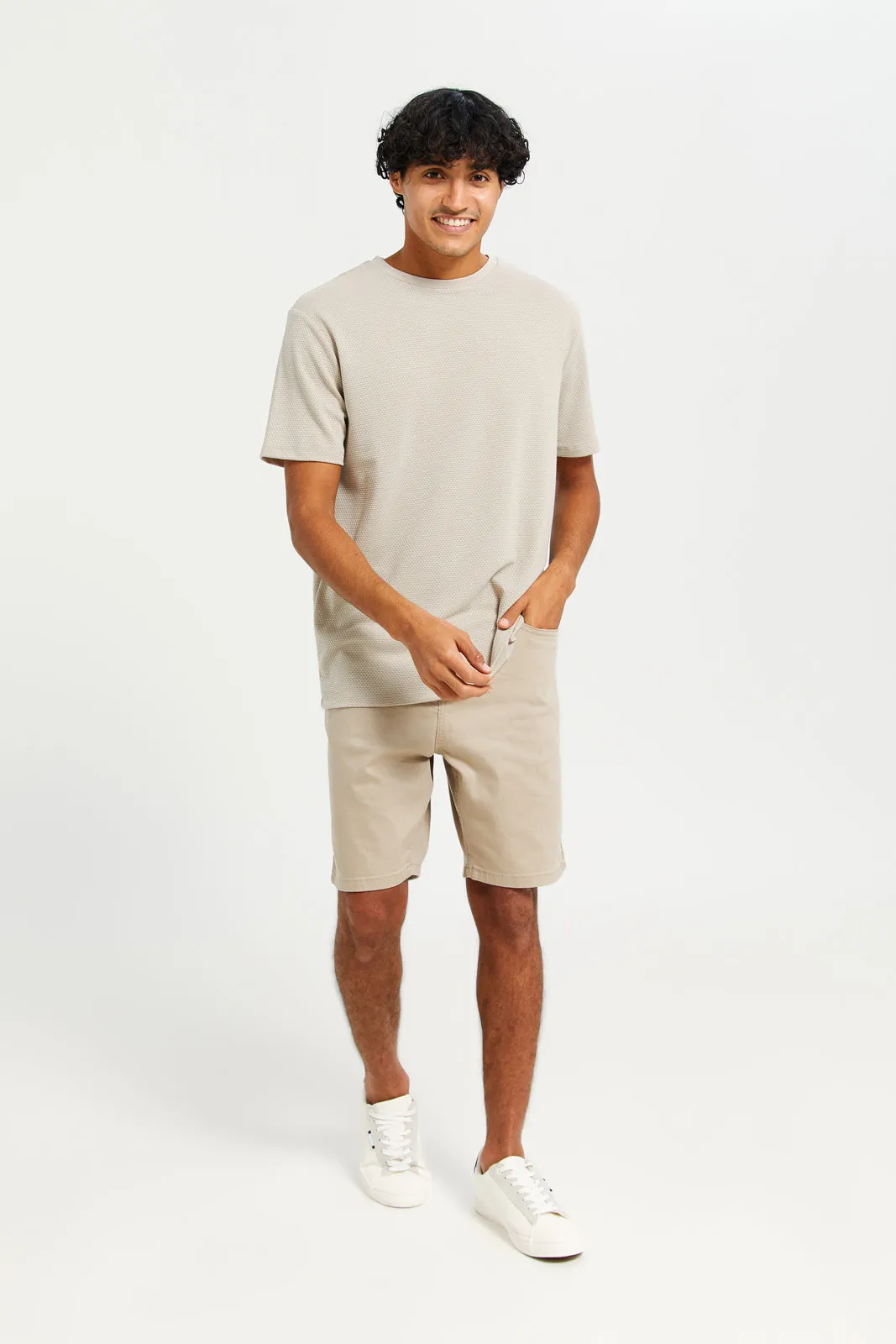 Men Beige Plain Jacquard T-Shirt sold by Redtag product image thumbnail 2