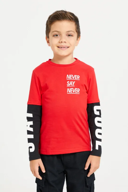 Boys Red And Black Print on Sleeves T-Shirt sold by Redtag