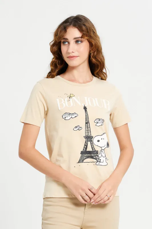 Women Beige Snoopy Printed T-Shirt sold by Redtag