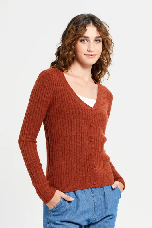 Women Brown V Neck Knitted Cardigan sold by Redtag