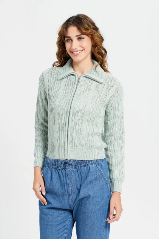 Women Blue Zip-Up Knit Cardigan sold by Redtag