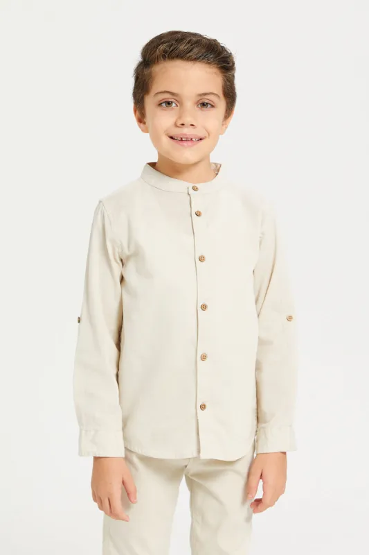 Boys Beige Mandarin Collar Shirt sold by Redtag