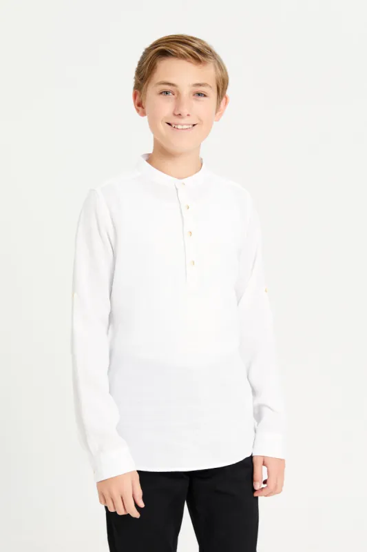 Senior Boys White Mandarin Collar Kurta Shirt sold by Redtag