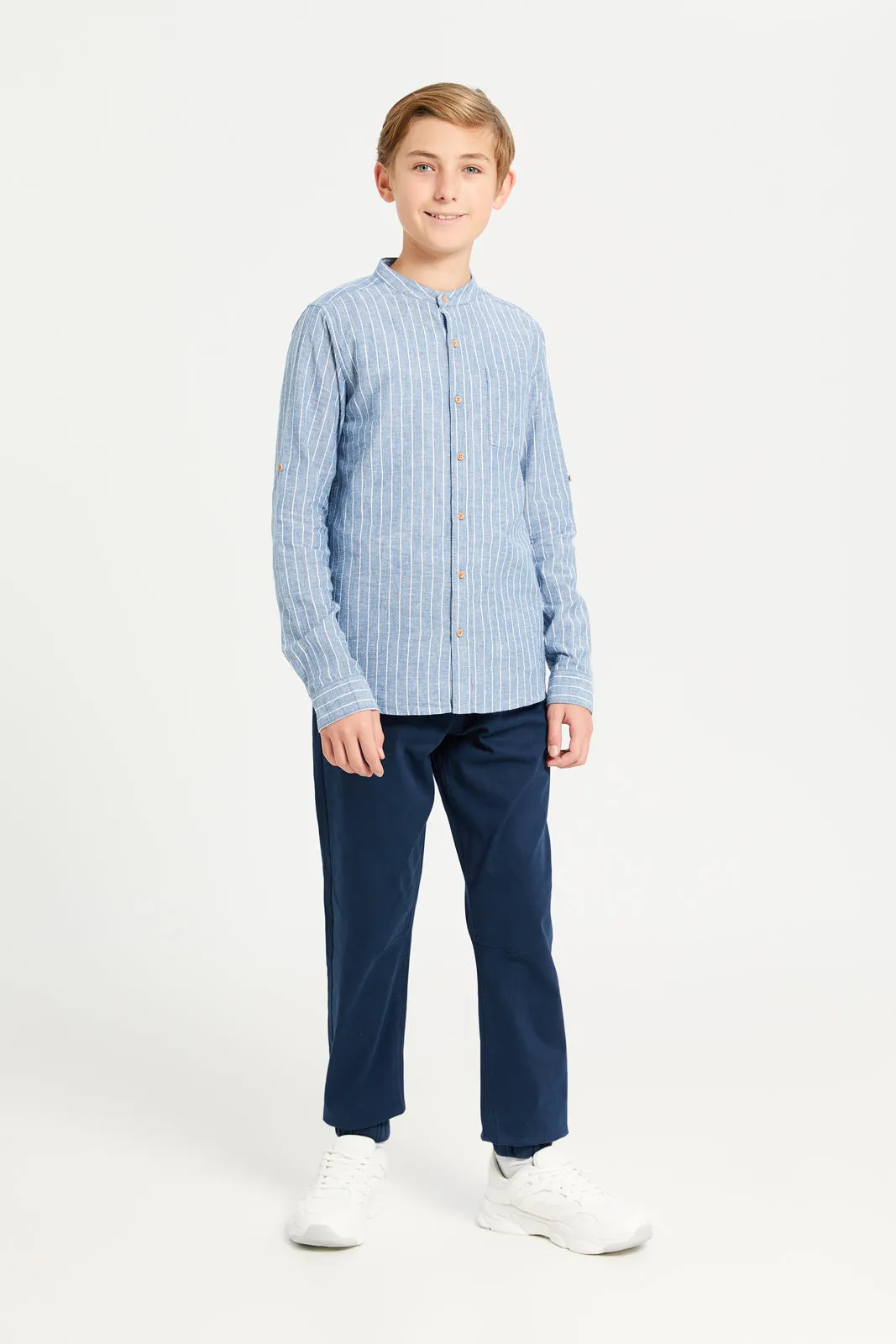 Senior Boys Blue Striped Mandarin Collar Shirt sold by Redtag product image thumbnail 2