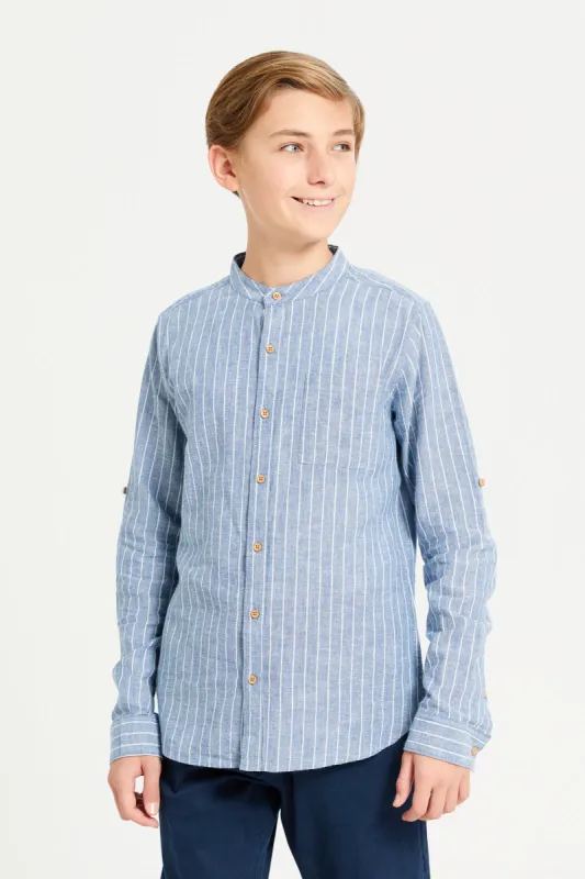 Senior Boys Blue Striped Mandarin Collar Shirt sold by Redtag