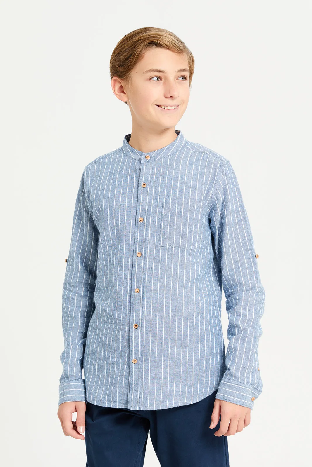 Senior Boys Blue Striped Mandarin Collar Shirt sold by Redtag