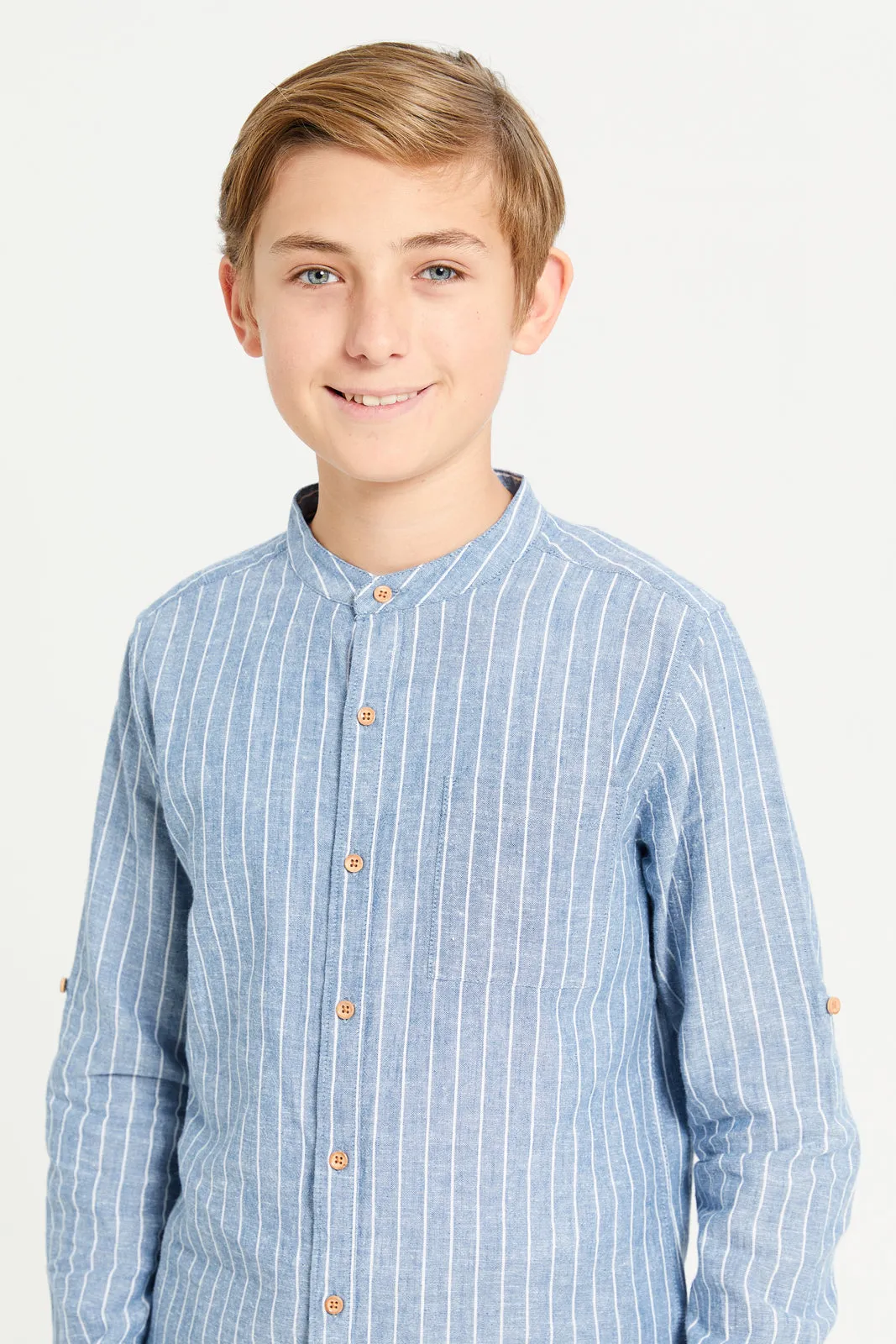 Senior Boys Blue Striped Mandarin Collar Shirt sold by Redtag product image thumbnail 4