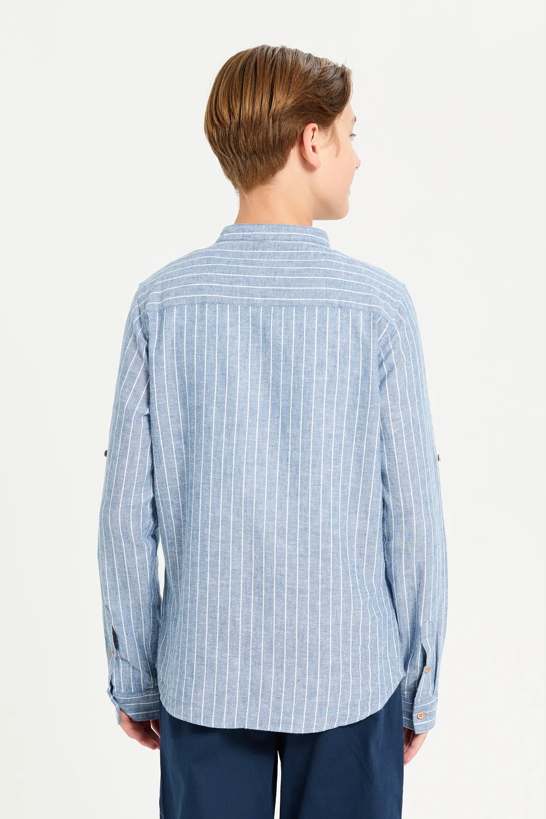 Senior Boys Blue Striped Mandarin Collar Shirt sold by Redtag product image thumbnail 3