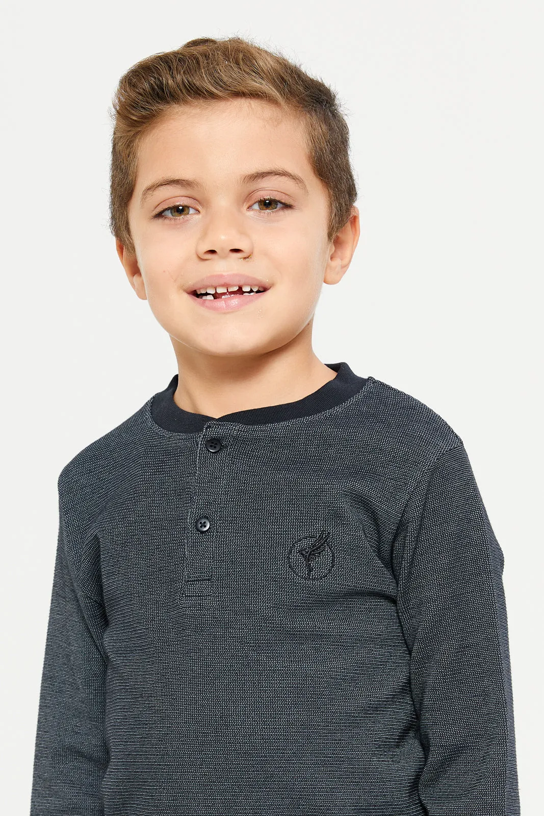 Boys Black Waffle Fabric Long Sleeve Henley Tee sold by Redtag product image thumbnail 4