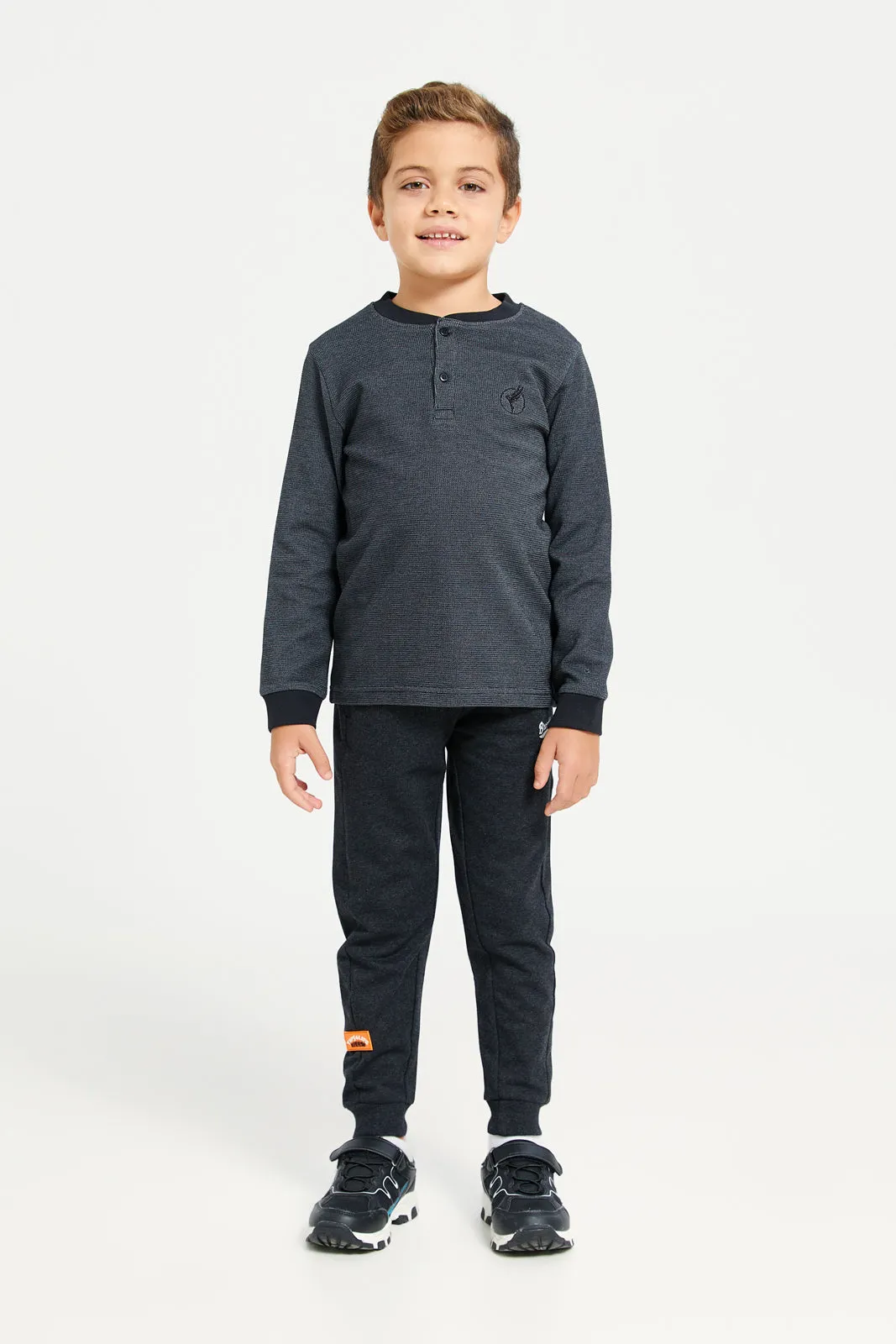 Boys Black Waffle Fabric Long Sleeve Henley Tee sold by Redtag product image thumbnail 2