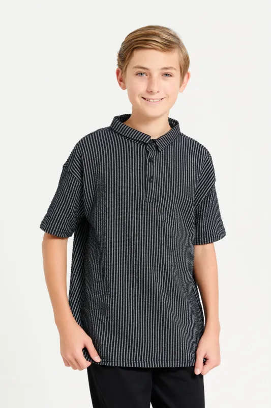 Senior Boys Black Striped Mandarin Polo Shirt sold by Redtag