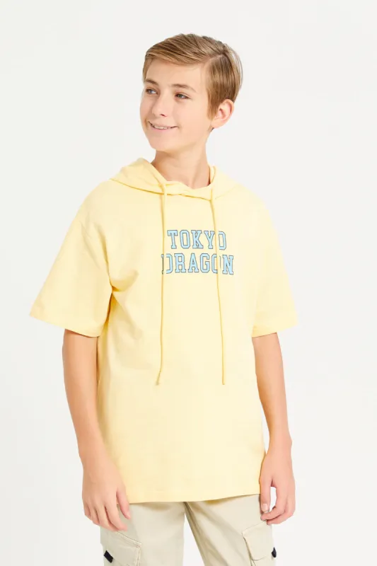 Senior Boys Yellow Hooded T-Shirt sold by Redtag
