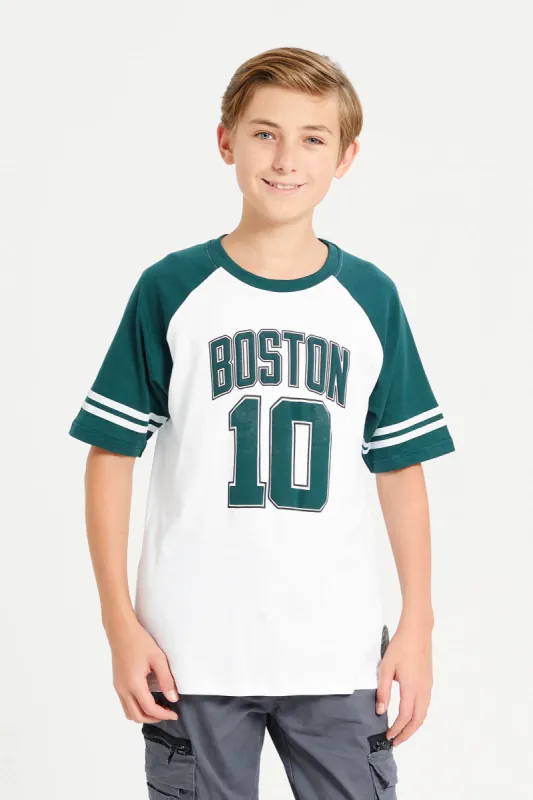 Senior Boys White And Green Boston Printed T-Shirt sold by Redtag