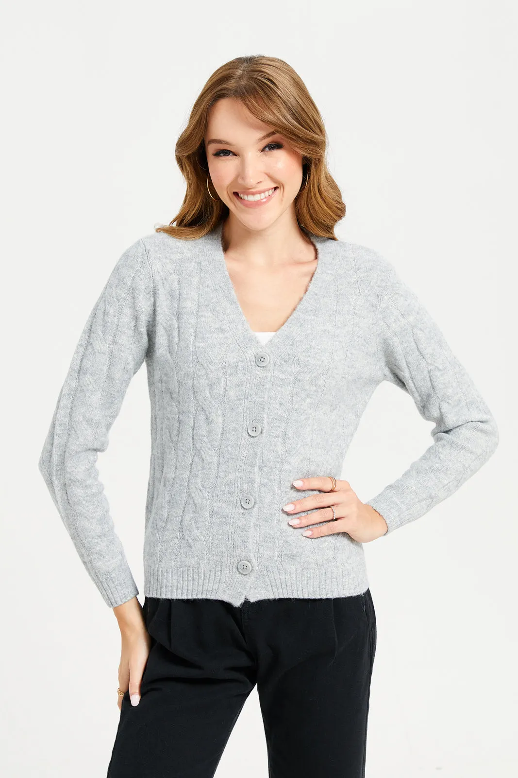 Women Grey V-Neck Textured Cardigan sold by Redtag