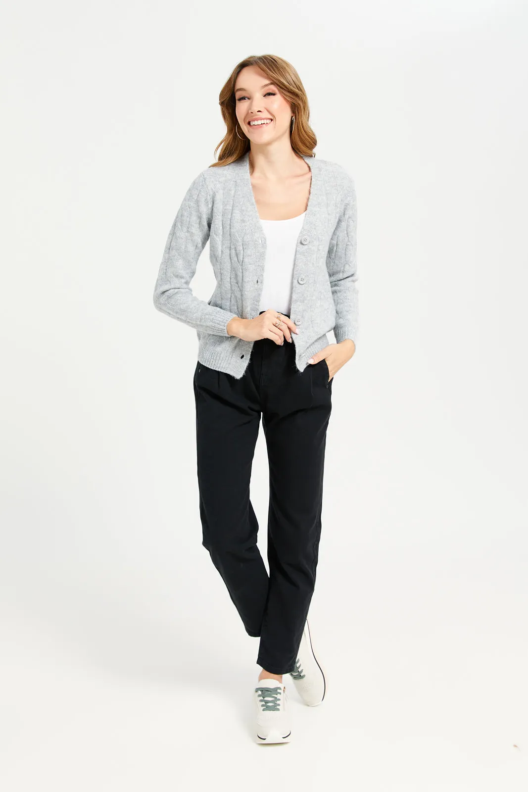 Women Grey V-Neck Textured Cardigan sold by Redtag product image thumbnail 2