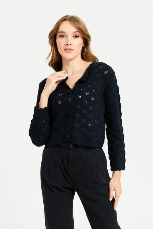 Women Black Knit Cropped Button Front Cardigan sold by Redtag