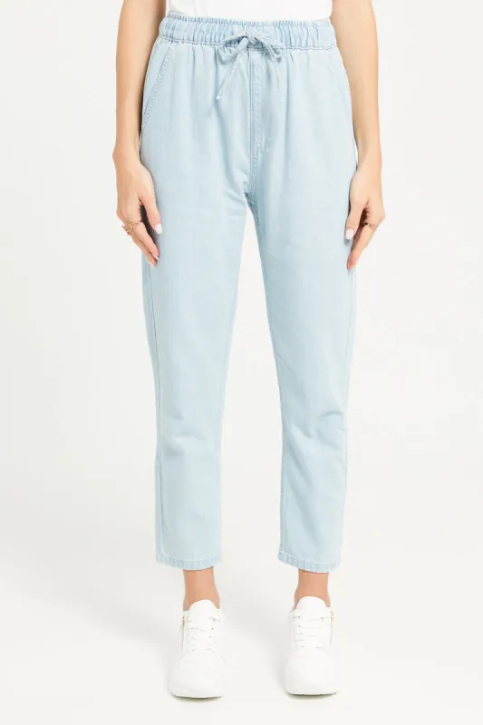 Women Blue Plain Elastic Waist Jeans sold by Redtag