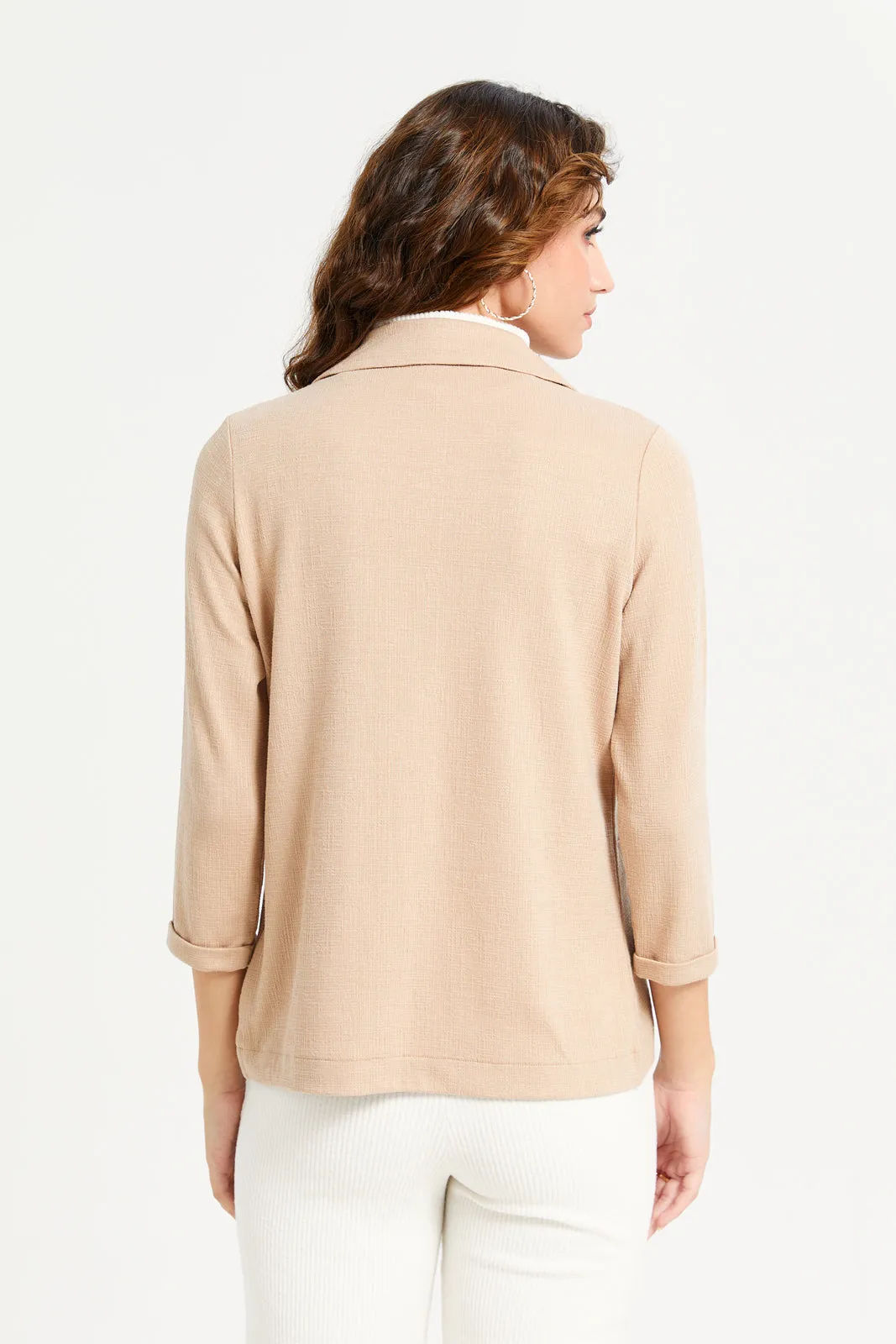 Women Beige Jacquard Knitted Lapel Collared Blazer sold by Redtag product image thumbnail 3