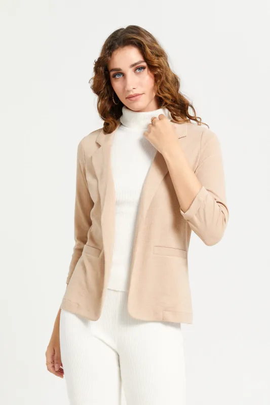 Women Beige Jacquard Knitted Lapel Collared Blazer sold by Redtag