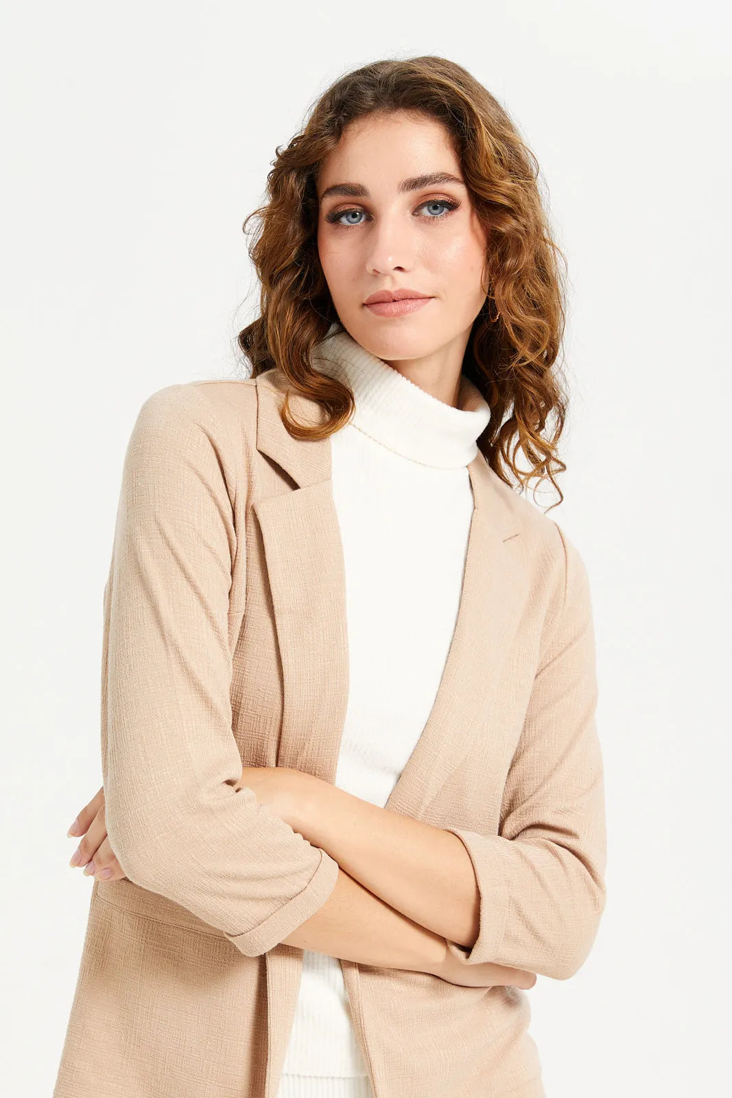 Women Beige Jacquard Knitted Lapel Collared Blazer sold by Redtag product image thumbnail 4