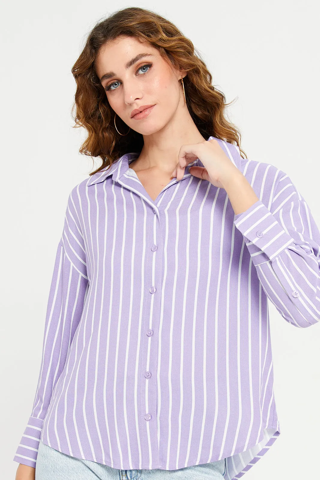Women Lilac Striper Linen Blend Shirt sold by Redtag product image thumbnail 4