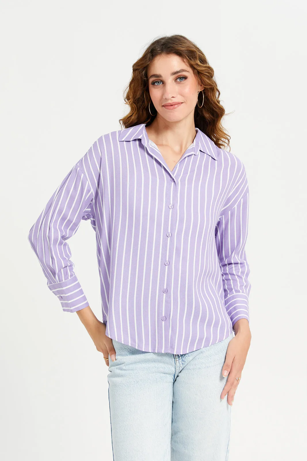 Women Lilac Striper Linen Blend Shirt sold by Redtag