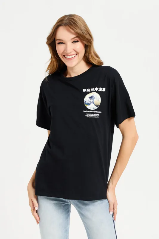 Women Black Hokusai Printed T-Shirt sold by Redtag