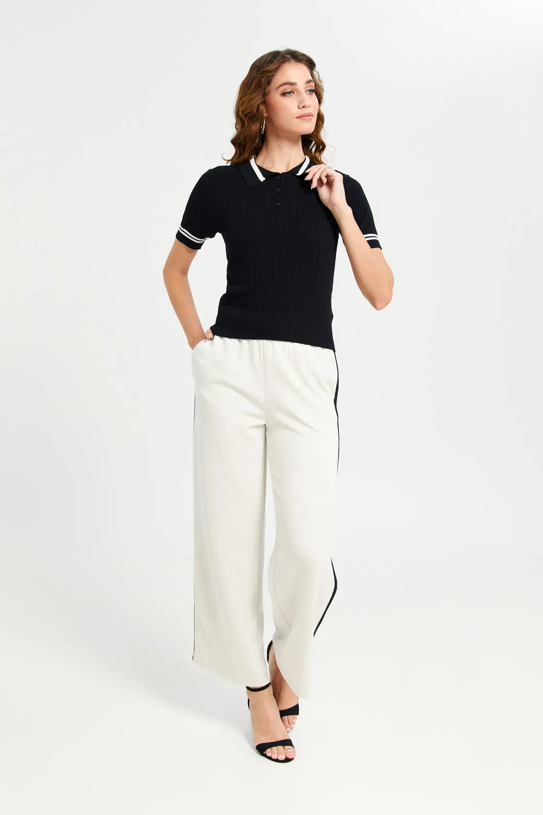 Women Black And White Short Sleeve Contrast Piping Polo T-Shirt sold by Redtag product image thumbnail 2