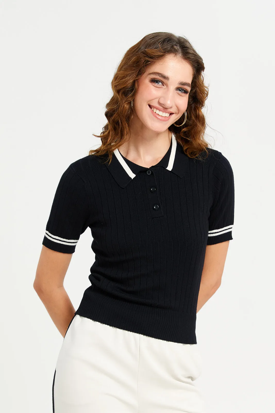 Women Black And White Short Sleeve Contrast Piping Polo T-Shirt sold by Redtag