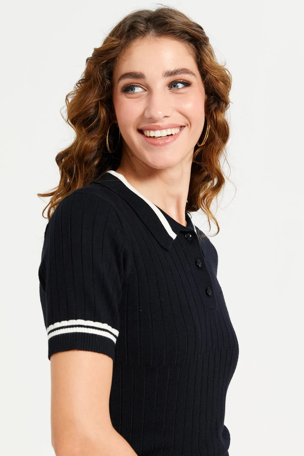 Women Black And White Short Sleeve Contrast Piping Polo T-Shirt sold by Redtag product image thumbnail 4