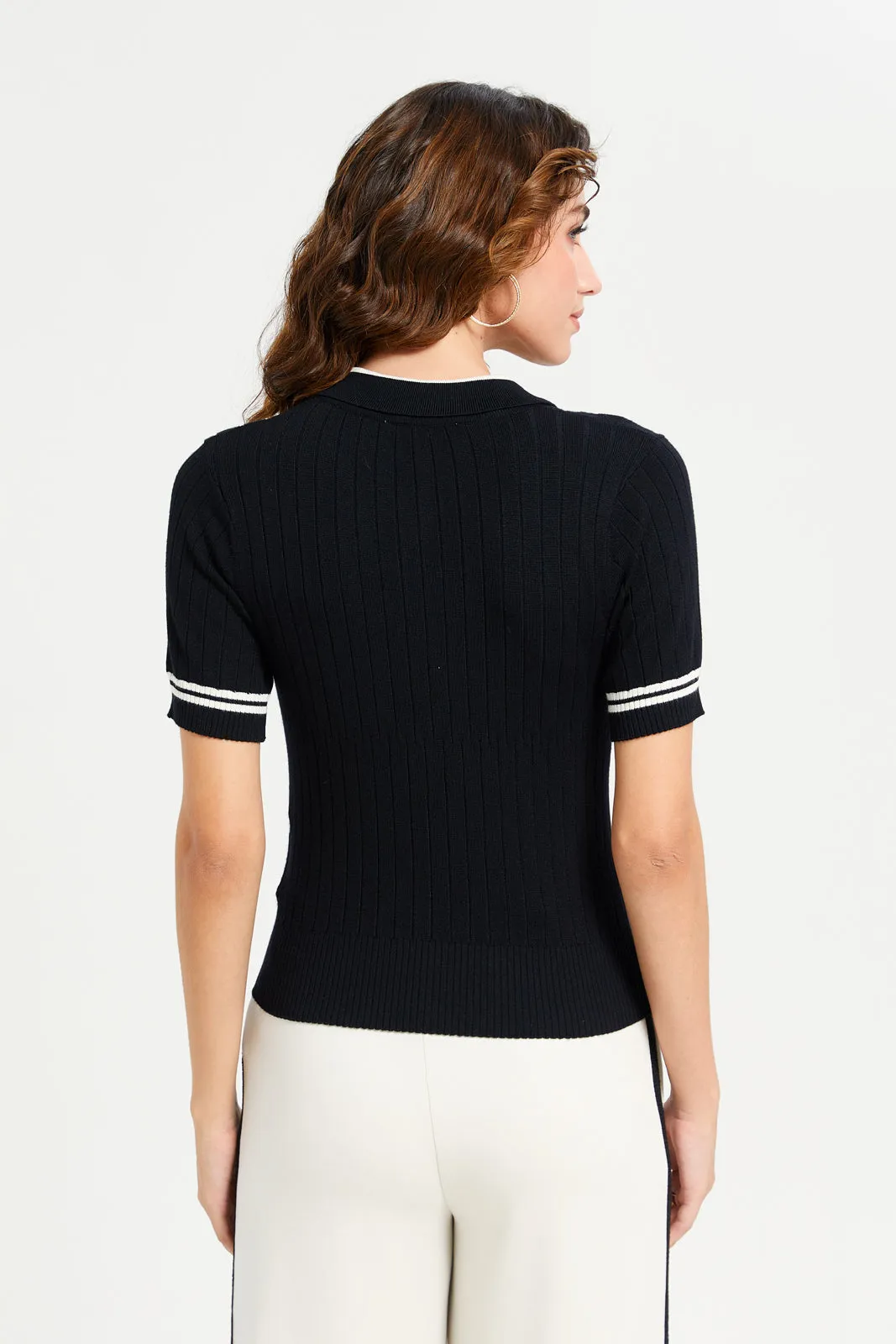Women Black And White Short Sleeve Contrast Piping Polo T-Shirt sold by Redtag product image thumbnail 3
