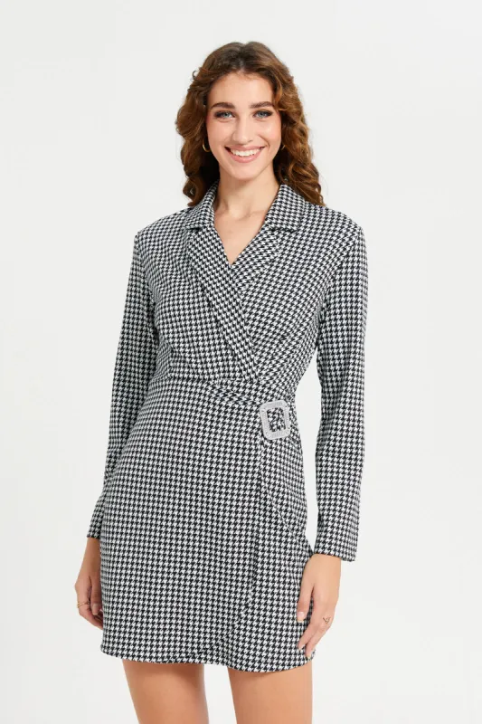 Women Black And White Checked Wrap Buckle Dress sold by Redtag