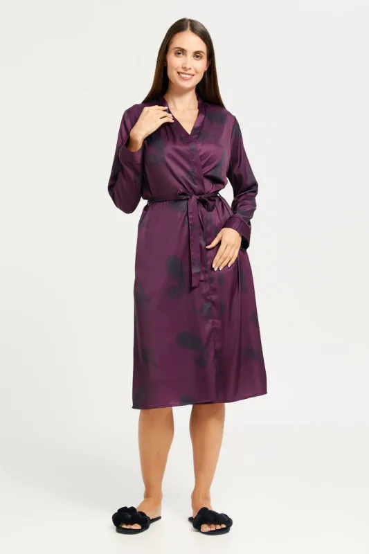 Women Purple Printed Long Sleeve Robe sold by Redtag