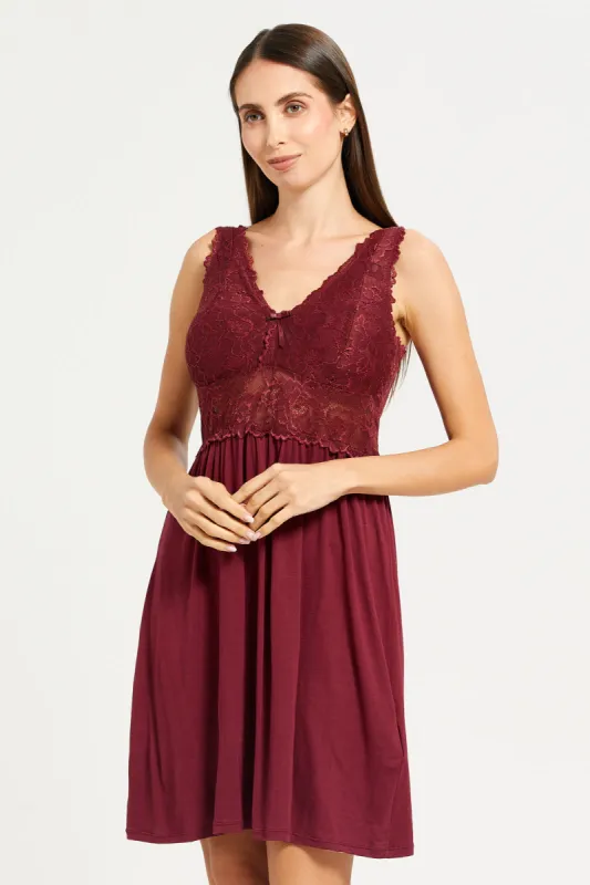 Women Burgundy Embellished Lace Detailed Chemise sold by Redtag