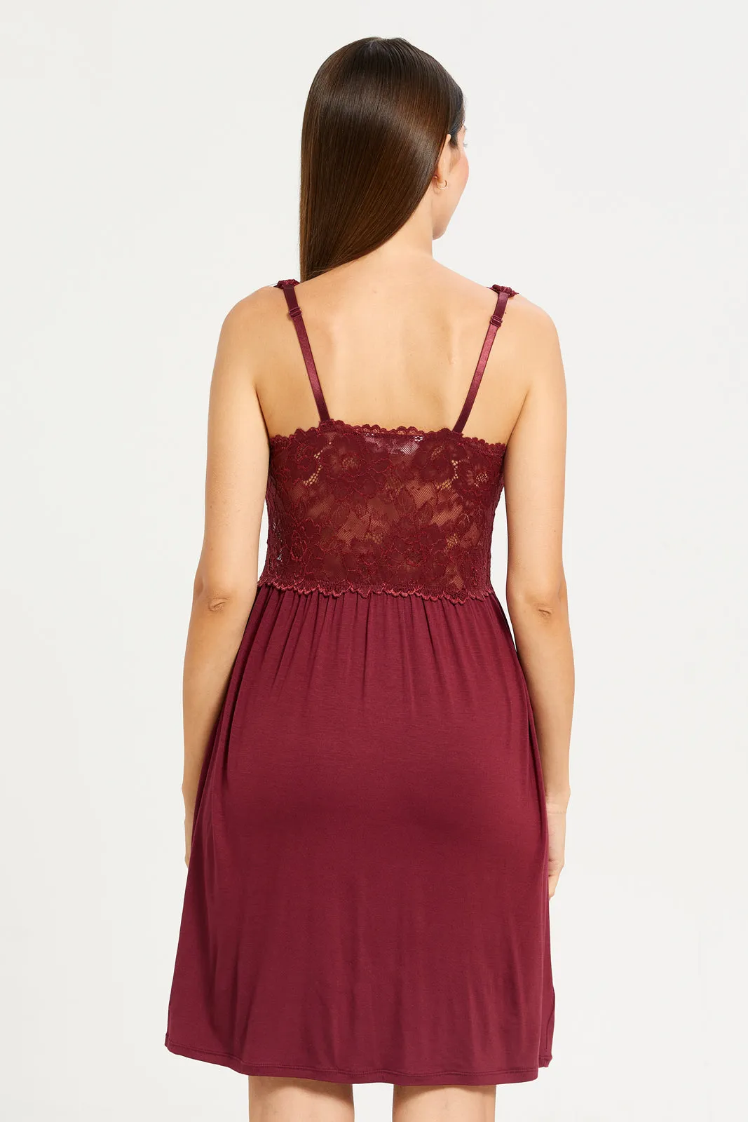 Women Burgundy Embellished Lace Detailed Chemise sold by Redtag product image thumbnail 3