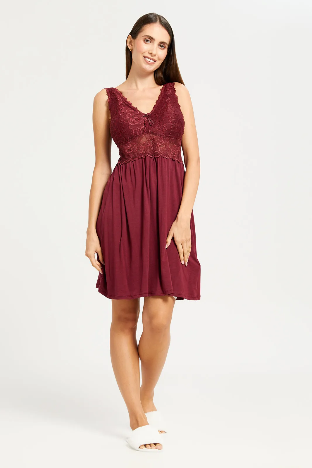 Women Burgundy Embellished Lace Detailed Chemise sold by Redtag product image thumbnail 2