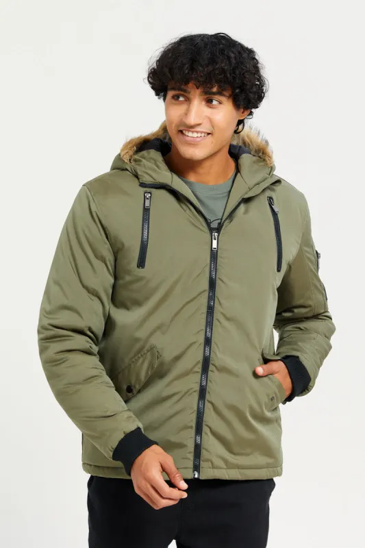Men Green Hooded Jacket sold by Redtag